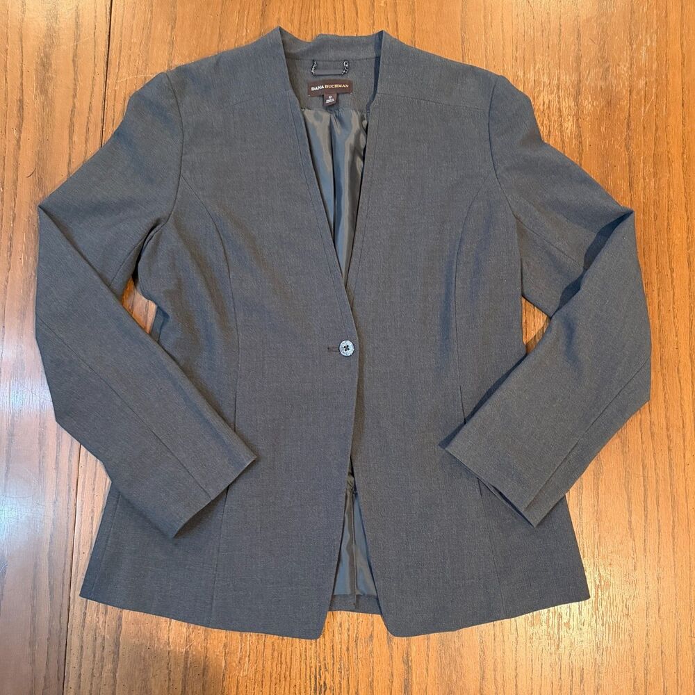 Dana Buchman Blazer Womens 12 Gray Collarless One Button Career Stretch Jacket